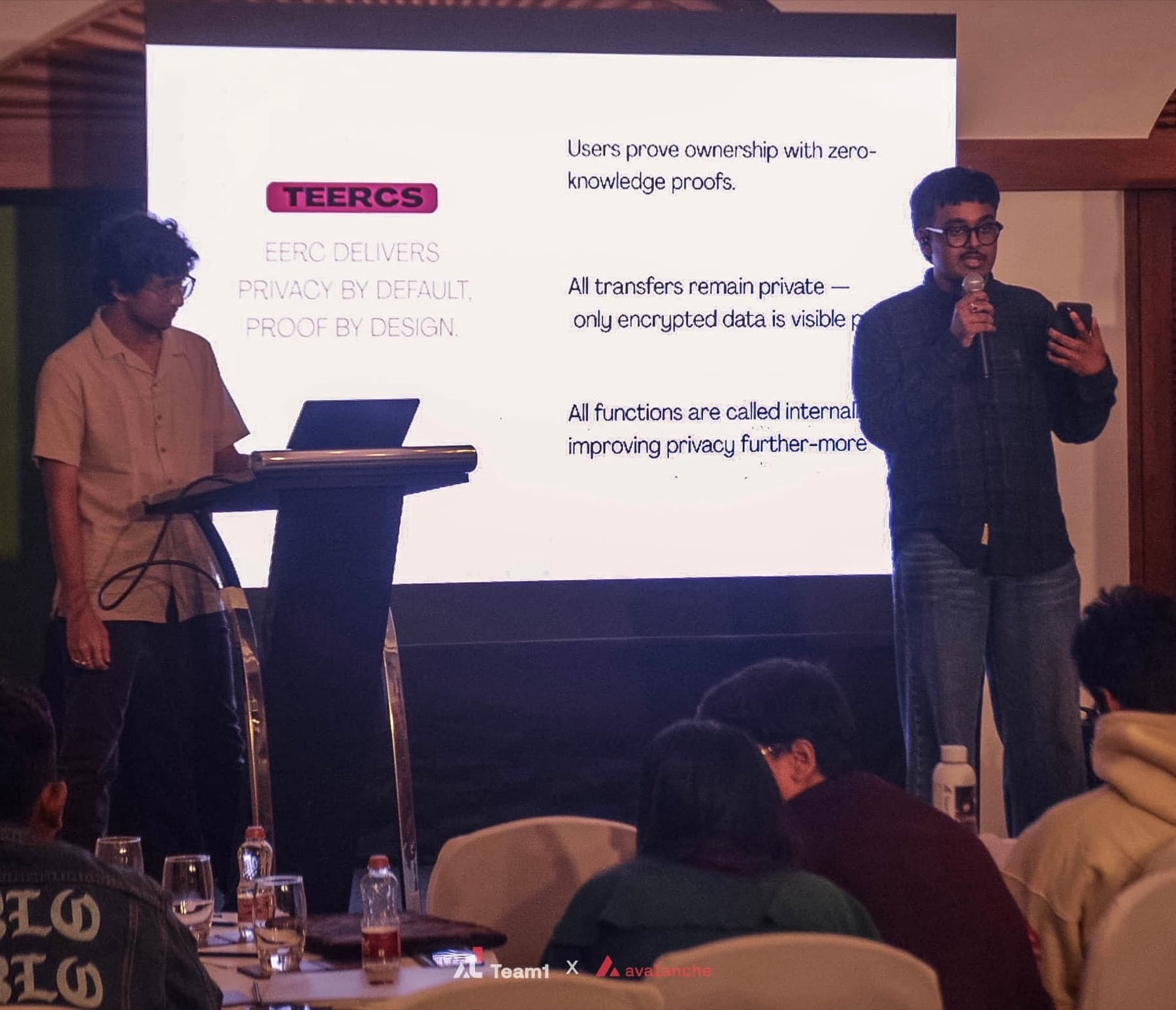 Roshan presenting a privacy-wallet talk with a teammate at the Avalanche Team1 event